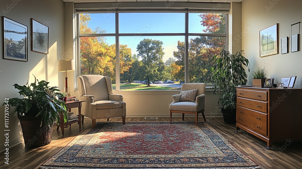 Fototapeta premium This waiting room features two comfortable chairs and a wooden cabinet, with large windows showcasing vibrant autumn colors and greenery outside.