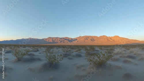 A serene desert landscape with mountains in the background and sparse vegetation.