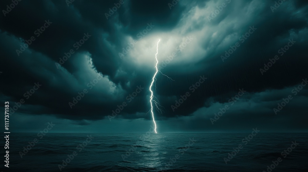 Dramatic lightning bolt striking dark stormy ocean. Dramatic lightning bolt striking dark stormy ocean.