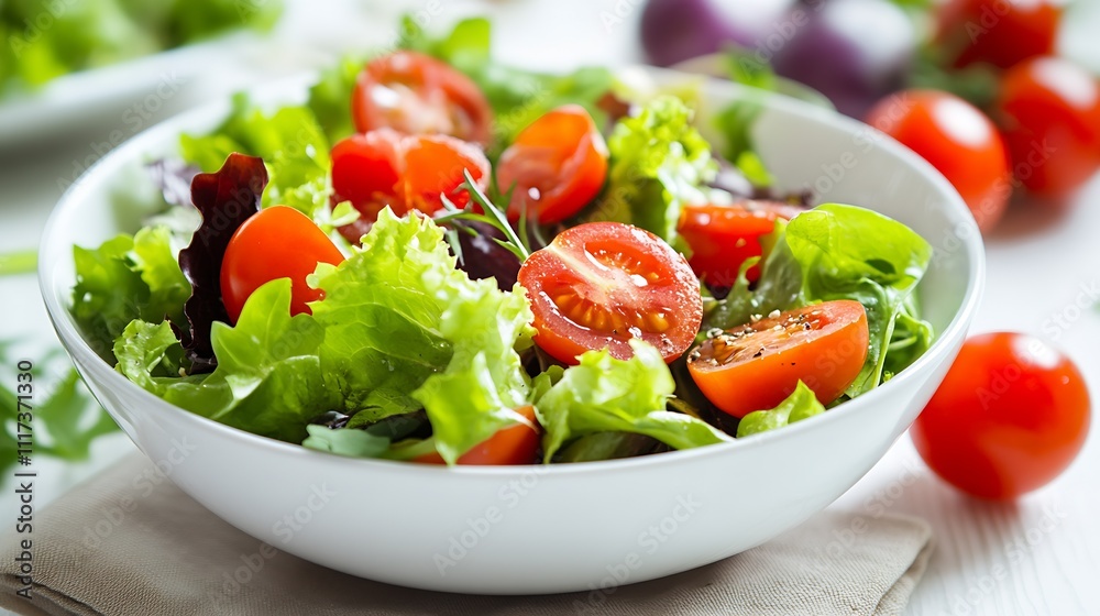 Fresh Garden Salad with Cherry Tomatoes and Mixed Greens in Sunlit Setting : Generative AI Fresh Garden Salad with Cherry Tomatoes and Mixed Greens in Sunlit Setting : Generative AI
