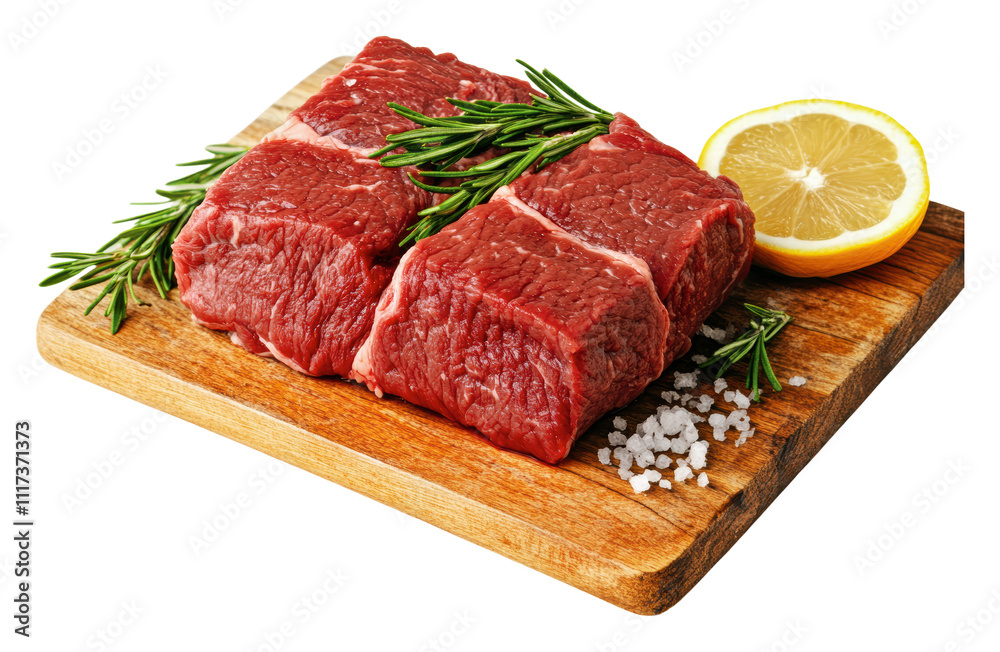 Fresh cut red meat with herbs and lemon slices, cut out - stock png. Fresh cut red meat with herbs and lemon slices, cut out - stock png.