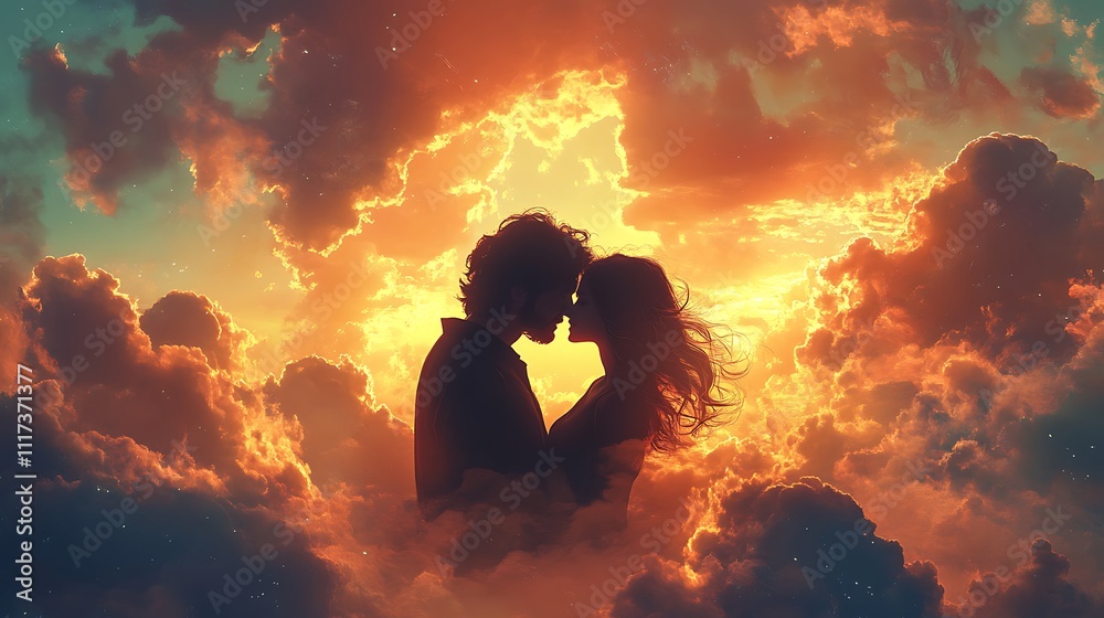 Obraz premium Romantic sunset embrace cloudy sky digital art fantasy landscape