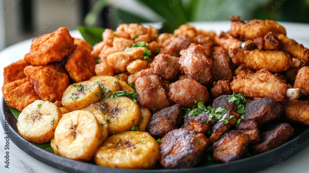 Delicious assorted fried snacks platter with plantains and crispy chicken variety for parties Delicious assorted fried snacks platter with plantains and crispy chicken variety for parties