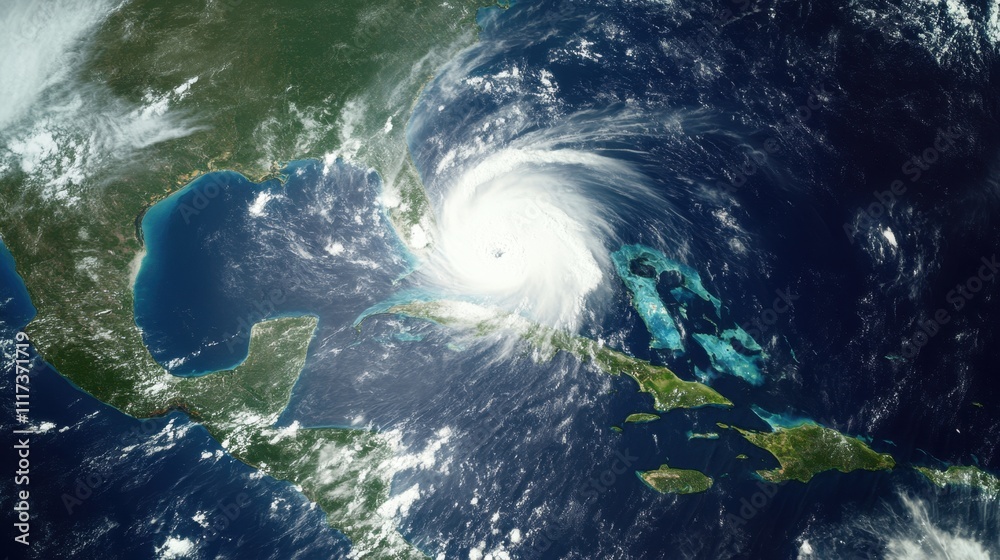 Hurricane Preparedness Week Powerful tropical storm with swirling clouds over caribbean and gulf region - aerial view Hurricane Preparedness Week Powerful tropical storm with swirling clouds over caribbean and gulf region - aerial view