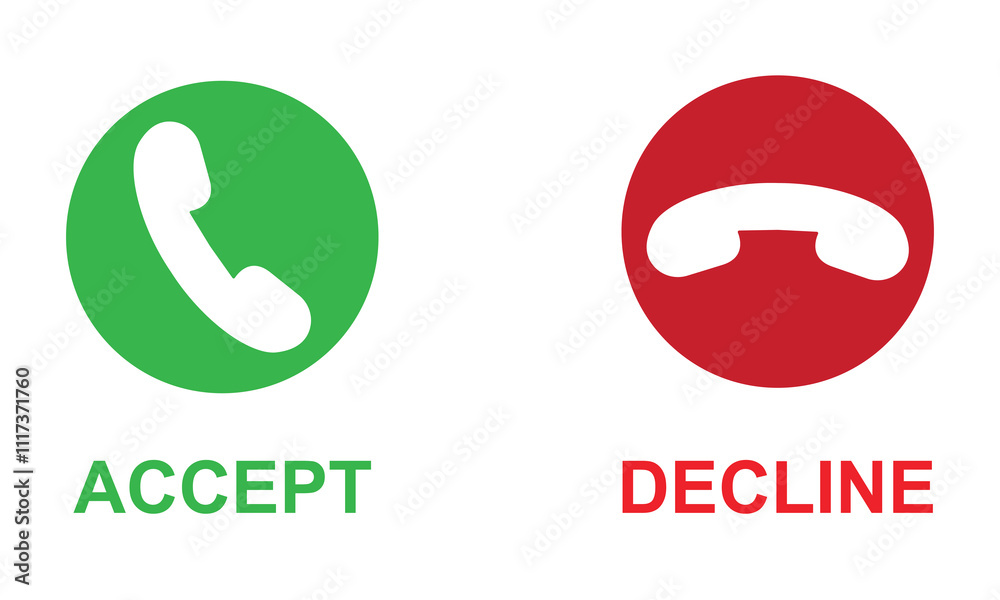 Phone call icon accept and decline. agree disagree to terms and condition. colourful buttons for app, website, ui. isolated on white background design Template, . Vector illustration . EPS 10 Phone call icon accept and decline. agree disagree to terms and condition. colourful buttons for app, website, ui. isolated on white background design Template, . Vector illustration . EPS 10