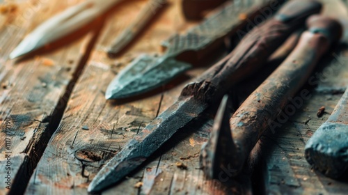 Close-up of ancient stone tools, sharp flint knives, and polished axes on a weathered wooden surface, symbolizing prehistoric craftsmanship and the dawn of human ingenuity photo