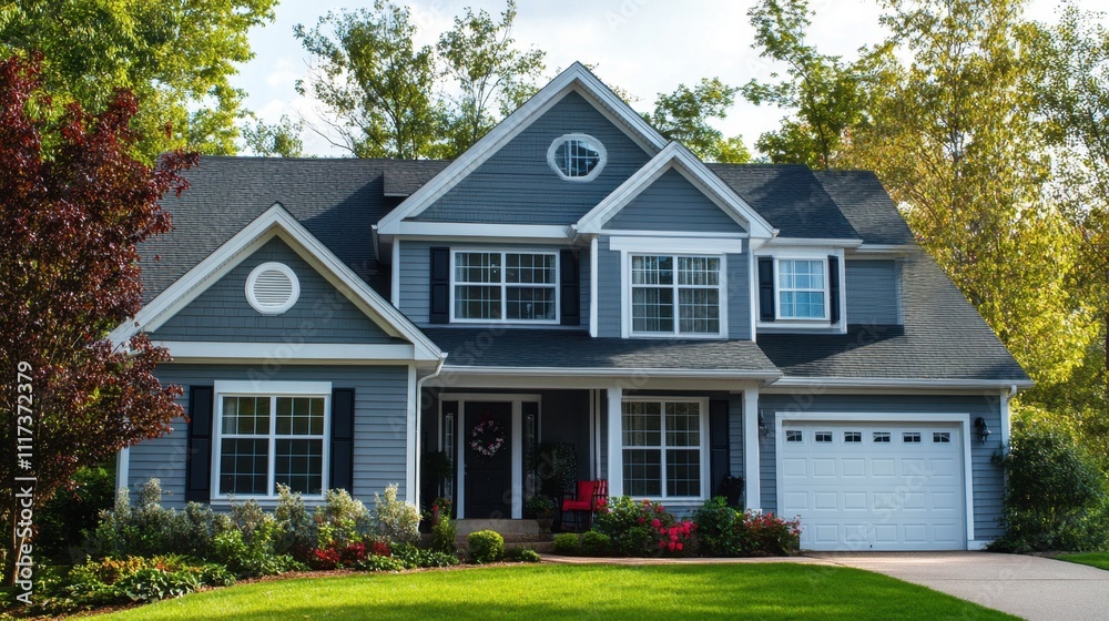 New Homeowners Day Charming suburban home surrounded by lush greenery and serene landscape New Homeowners Day Charming suburban home surrounded by lush greenery and serene landscape
