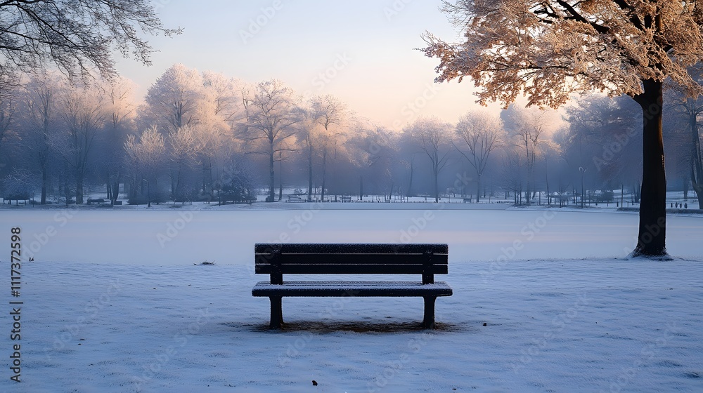 A serene park with frosty trees and a single bench, symbolizing introspection on a blue Monday A serene park with frosty trees and a single bench, symbolizing introspection on a blue Monday