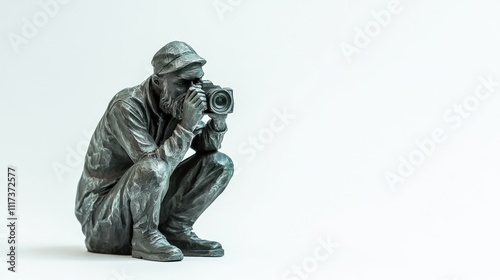 A bronze sculpture of a photographer crouching with a camera, capturing a moment.