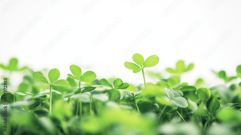 Vibrant clover leaves reaching upwards in a lush green field against a white background, symbolizing growth and renewal in nature's simplicity. Vibrant clover leaves reaching upwards in a lush green field against a white background, symbolizing growth and renewal in nature's simplicity.