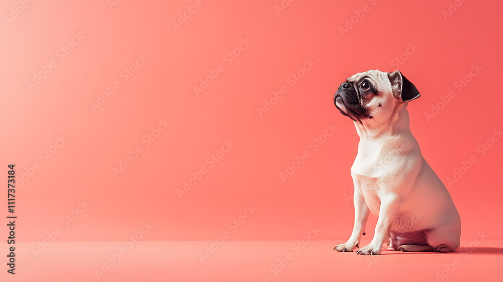 Cute puppy sitting against coral background adorable pet photography bright studio environment playful charm Cute puppy sitting against coral background adorable pet photography bright studio environment playful charm