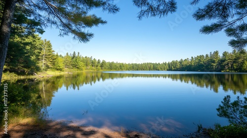 Peaceful Alpine Lake Surrounded by Evergreen Forests in Pristine Natural Landscape : Generative AI