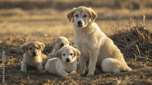 Anatolian shepherd dog family in serene countryside setting perfect for animal lovers and nature enthusiasts photo