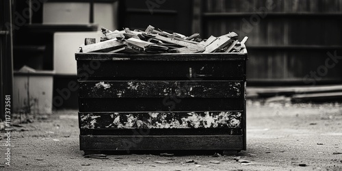 Fototapeta Naklejka Na Ścianę i Meble -  A small, worn black and white dumpster holds wood debris, positioned in a driveway. This black and white dumpster showcases the rugged charm of urban settings with its varied materials.