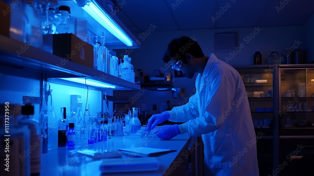 Scientist working late in a lab, conducting research with lab equipment under blue light. Scientist working late in a lab, conducting research with lab equipment under blue light.