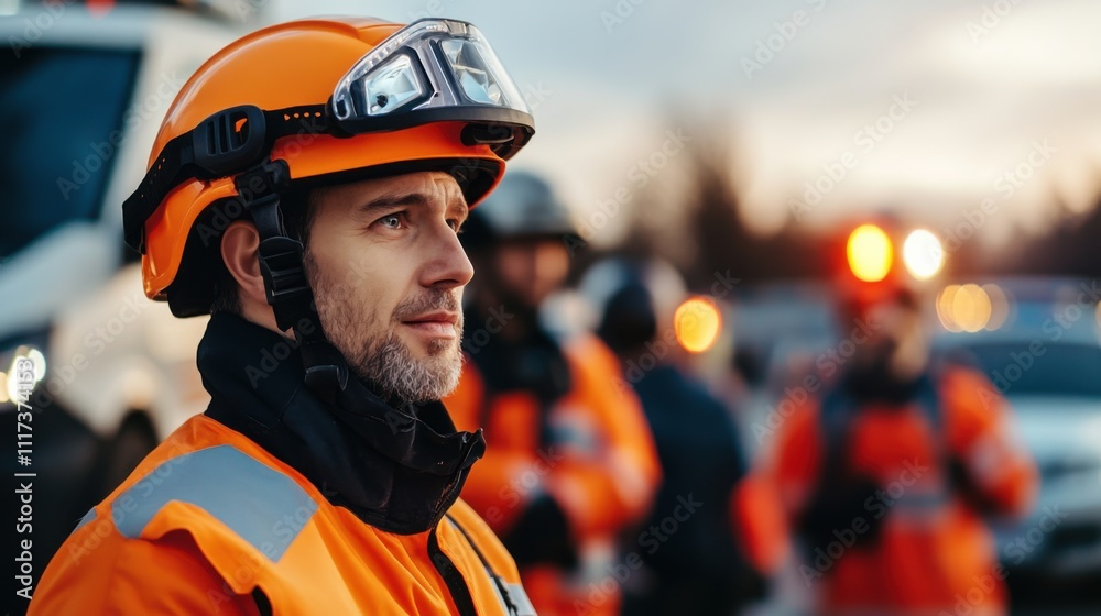 Emergency Responder in Safety Gear During Rescue Operation at Sunset with Team in Background Emergency Responder in Safety Gear During Rescue Operation at Sunset with Team in Background