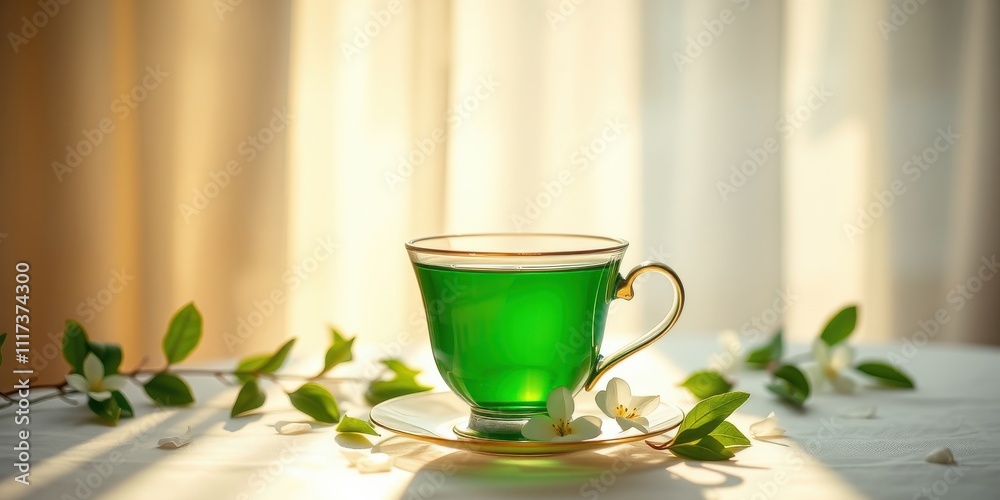 A cup of green tea sits on a white tablecloth with a sprig of jasmine blossoms, bathed in soft sunlight streaming through a window. A cup of green tea sits on a white tablecloth with a sprig of jasmine blossoms, bathed in soft sunlight streaming through a window.