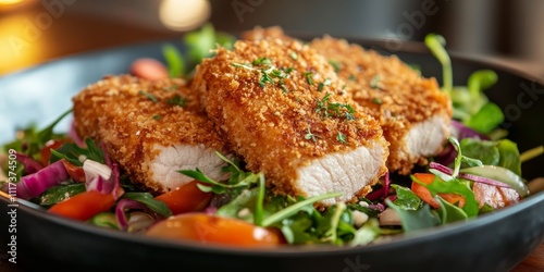 Crispy fried pork chop coated in flavorful breadcrumbs served alongside a vibrant vegetable salad, creating a delicious meal featuring a fried pork chop that everyone will enjoy.