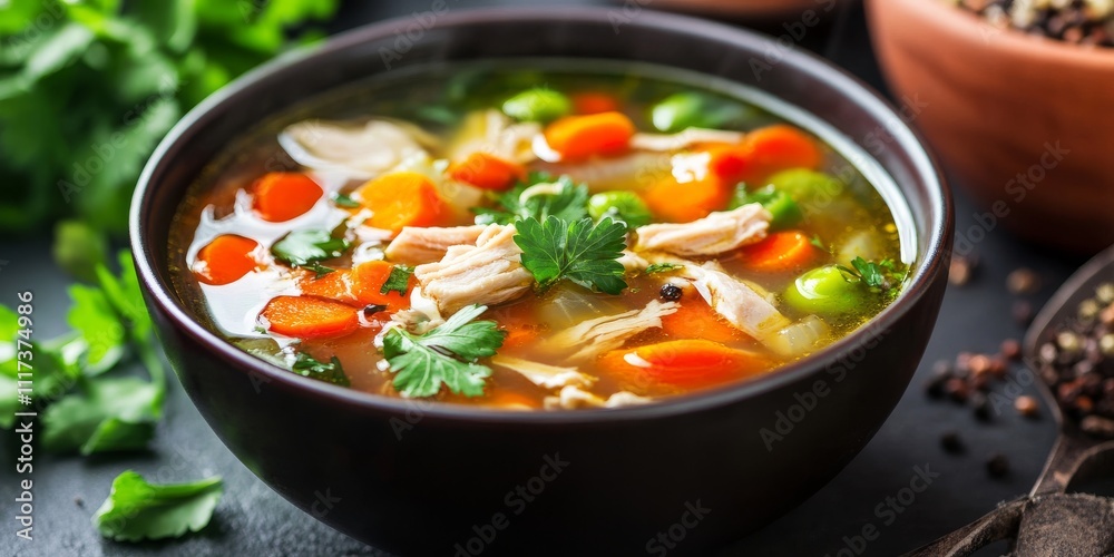 Vegetable and chicken soup, featuring a vibrant mix of fresh vegetables and tender chicken, captured with selective focus for an inviting culinary presentation. Vegetable and chicken soup, featuring a vibrant mix of fresh vegetables and tender chicken, captured with selective focus for an inviting culinary presentation.