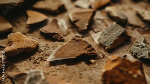 Close-up of ancient stone tools, sharp flint knives, and polished axes on a weathered wooden surface, symbolizing prehistoric craftsmanship and the dawn of human ingenuity photo