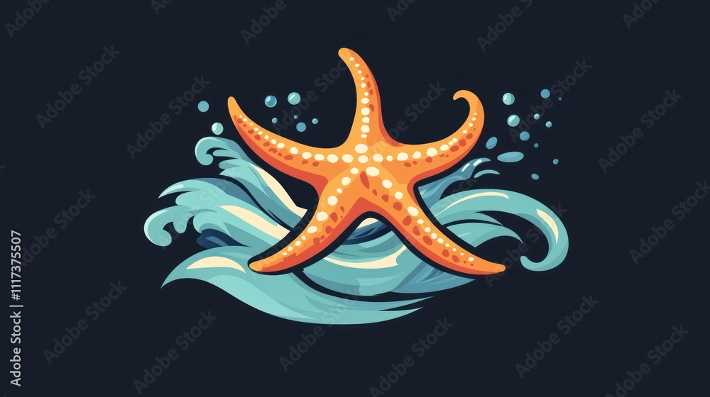 A vibrant starfish resting on stylized ocean waves, showcasing marine life. A vibrant starfish resting on stylized ocean waves, showcasing marine life.