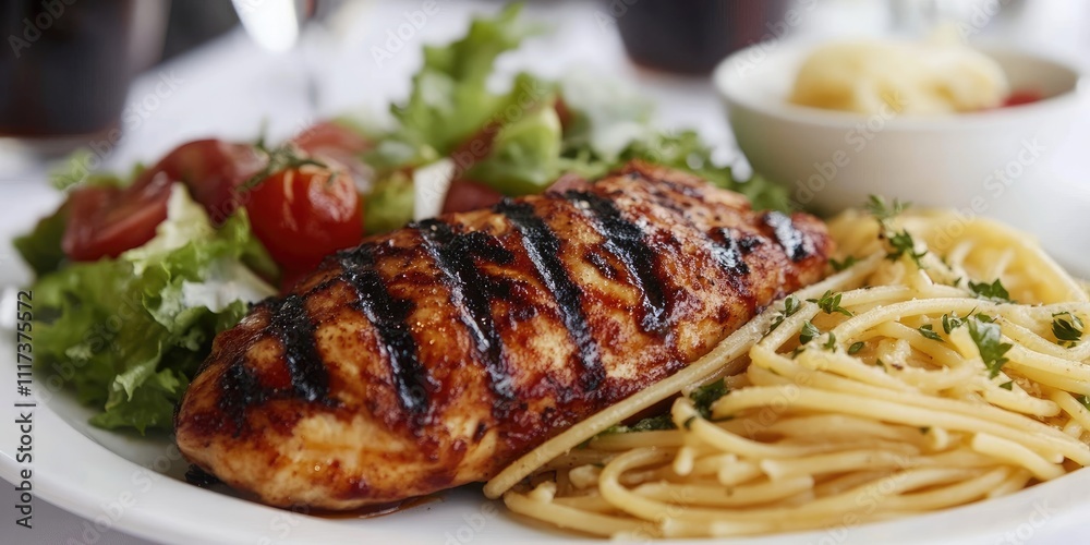 Grilled chicken served alongside spaghetti and salad on a clean, white table. This chicken grill presentation highlights the delicious combination of flavors in a fresh setting. Grilled chicken served alongside spaghetti and salad on a clean, white table. This chicken grill presentation highlights the delicious combination of flavors in a fresh setting.