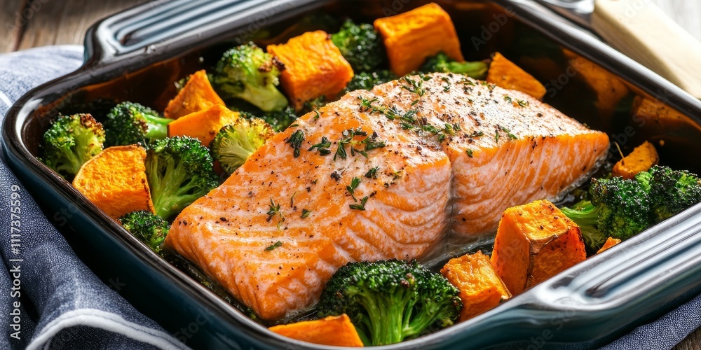 Delicious baked sockeye salmon fish fillet served with roasted sweet potato and broccoli in a beautiful enameled baking dish. This baked sockeye salmon presentation highlights the vibrant flavors.