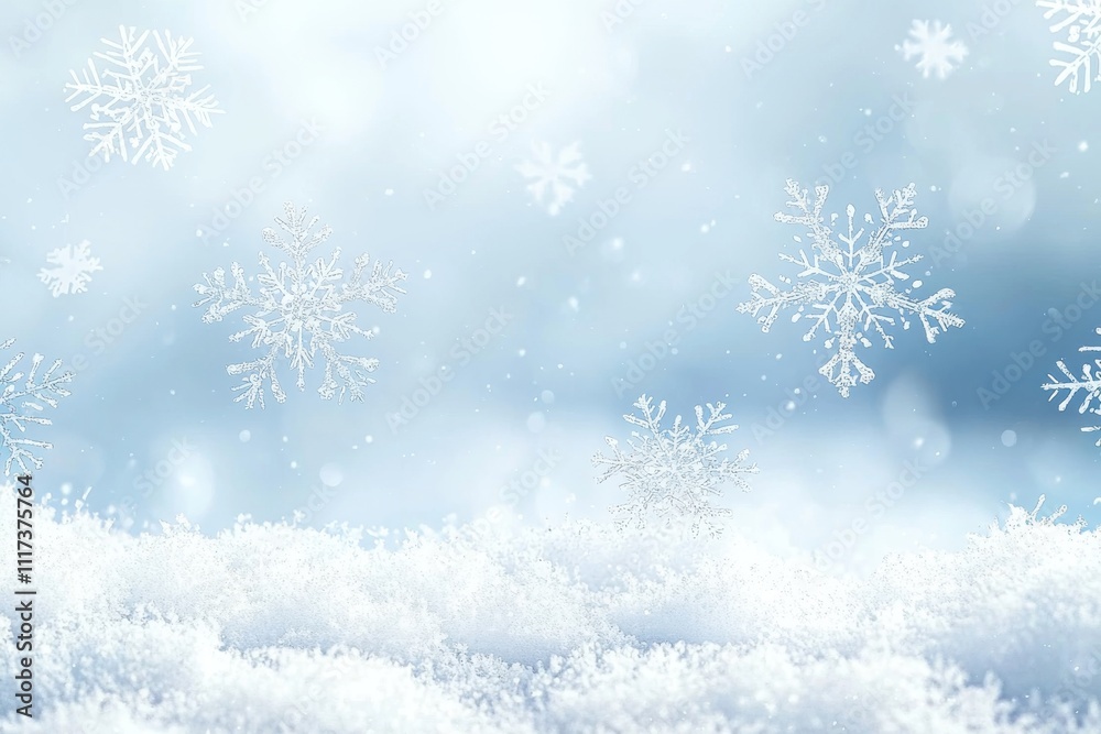A serene winter scene with softly falling snowflakes and a snowy landscape.