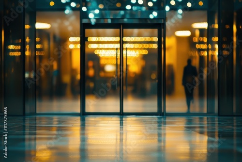 Modern entrance with glass doors reflecting ambient lights and a silhouette in the background.