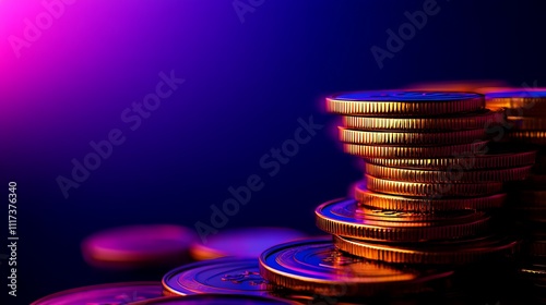 Stacks of gold coins illuminated by vibrant purple and pink lighting against a dark blue background.