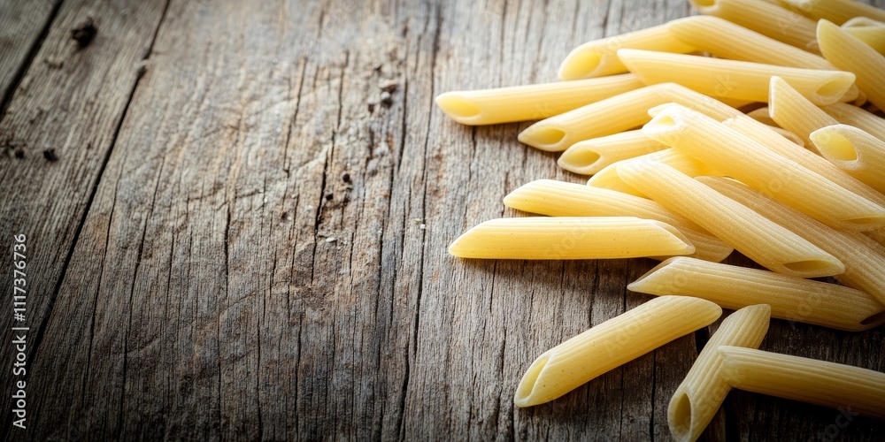Scattered raw penne pasta over a rustic wooden table creates an appealing culinary scene, showcasing the texture and shape of the penne pasta in a delightful arrangement. Scattered raw penne pasta over a rustic wooden table creates an appealing culinary scene, showcasing the texture and shape of the penne pasta in a delightful arrangement.