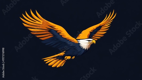 A stylized eagle in flight with vibrant orange and blue colors against a dark background. photo