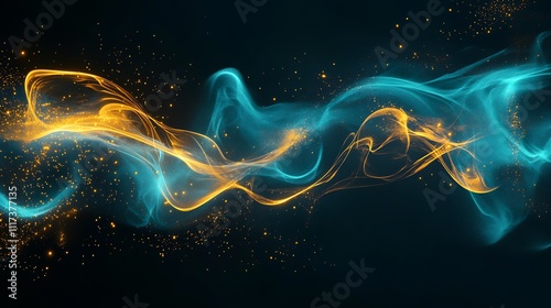 Dynamic swirling patterns of orange and teal wisps on a black background creating a sense of energy and motion : Generative AI