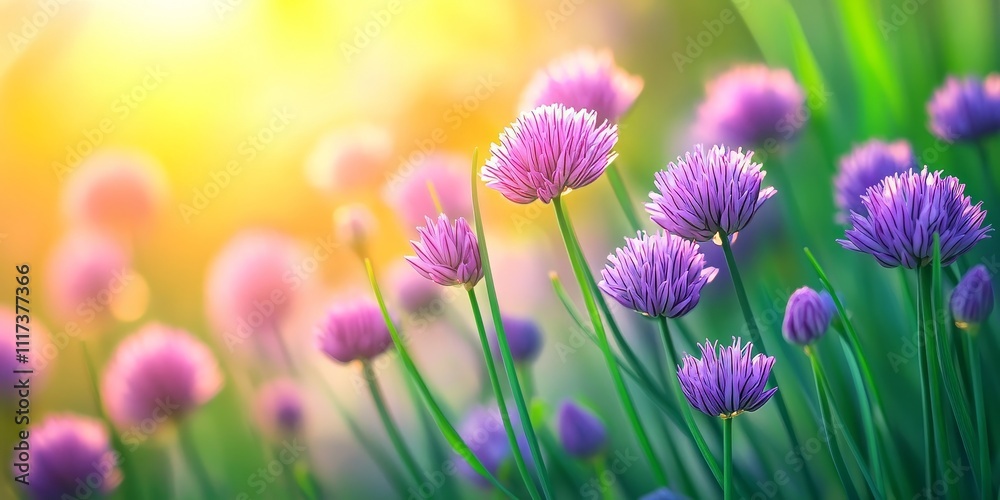 Fototapeta premium Vibrant landscape featuring blooming chives flowers, showcasing the beauty of purple chives in full bloom. This close up captures the essence of chives amidst a lush green backdrop on a sunny summer