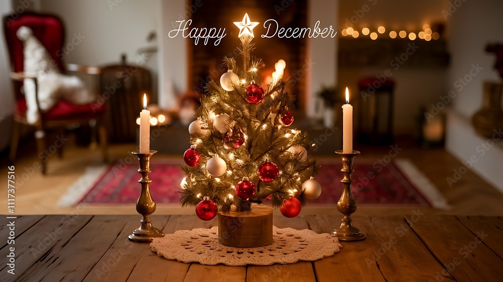 A Small Christmas Tree with Candles on a Wooden Table