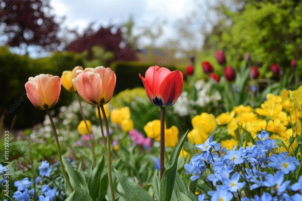 A vibrant garden displaying various colorful tulips and flowers. A vibrant garden displaying various colorful tulips and flowers.