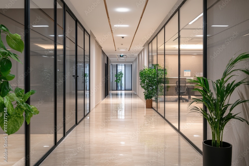 Modern office hallway with glass walls and greenery. Modern office hallway with glass walls and greenery.