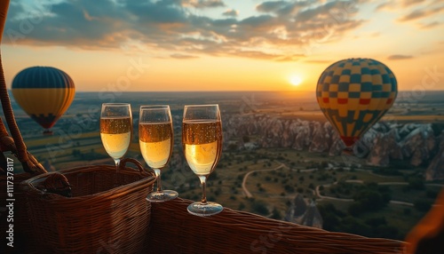 A scenic view from a hot air balloon at sunset, featuring glasses of champagne.