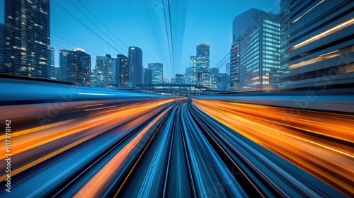 High-speed train entering modern city at night.