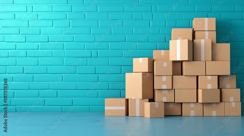A vibrant turquoise wall serves as a backdrop for a stacked pile of cardboard boxes, creating a visually appealing and organized scene. A vibrant turquoise wall serves as a backdrop for a stacked pile of cardboard boxes, creating a visually appealing and organized scene.