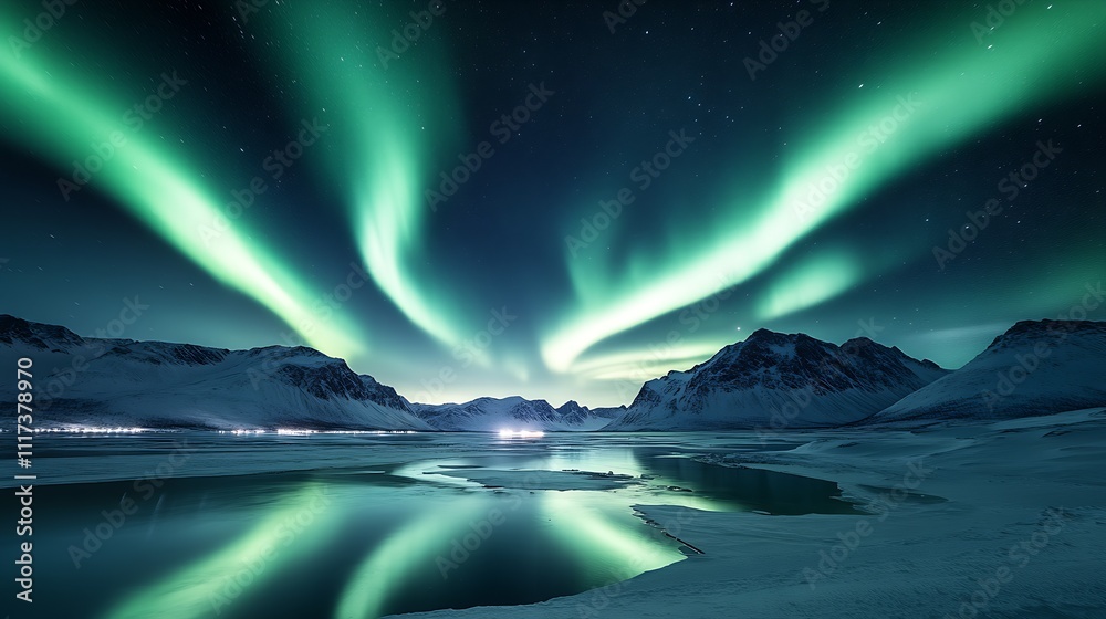 Naklejka premium Mesmerizing Northern Lights Over Arctic Mountains Reflecting on Pristine Waters : Generative AI