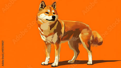 Cute puppy standing proudly against vibrant orange background illustrative art style playful atmosphere adorable concept