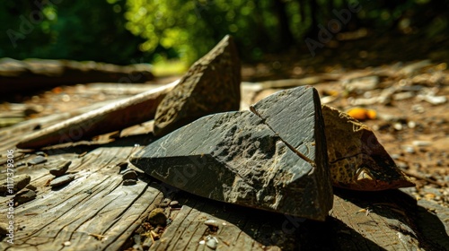 Close-up of ancient stone tools, sharp flint knives, and polished axes on a weathered wooden surface, symbolizing prehistoric craftsmanship and the dawn of human ingenuity photo