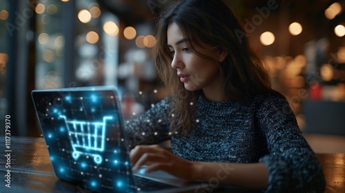 Online shopping and e-commerce concept. Young woman using laptop computer with shopping cart icon, order in online store, shopping on internet, concept on virtual screen with hands typing on keyboard