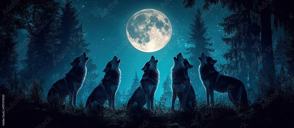 Obraz premium Four wolves howling at the full moon in a dark forest at night.