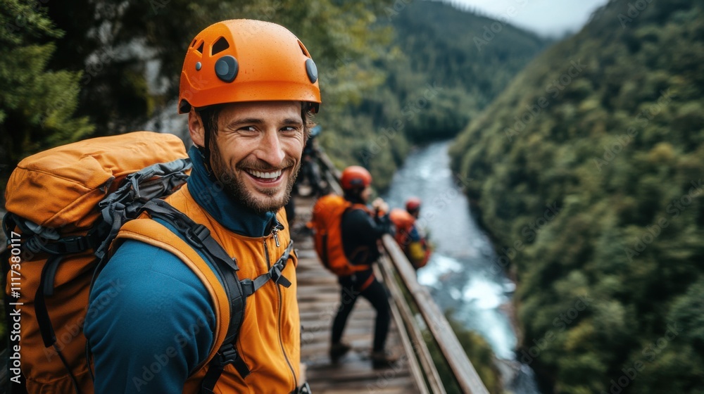 Adventurous man smiling while hiking near a river surrounded by lush trees and fellow explorers in bright gear Adventurous man smiling while hiking near a river surrounded by lush trees and fellow explorers in bright gear