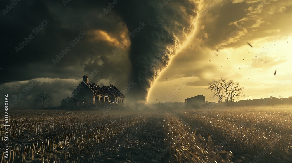Fototapeta premium Tornado Tearing Through Farmland Leaving Devastation in its Wake