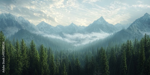 Majestic Mountain Range and Misty Forest Landscape at Sunrise