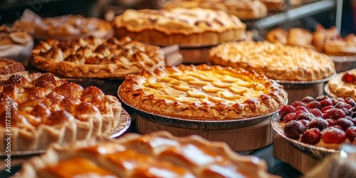 Delicious pie and a variety of fresh bakery products showcased in a bakery shop, highlighting the tempting assortment of bakery products available for eager customers. photo