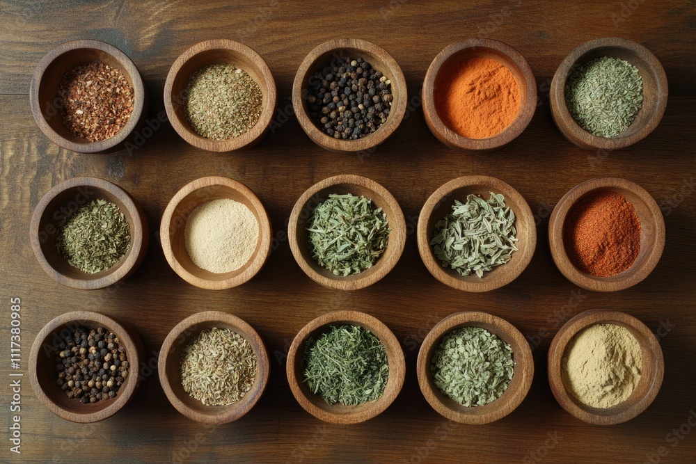 A flat lay of superfood ingredients like hemp seeds, cacao nibs, and dried fruits, arranged aesthetically on a wooden surface A flat lay of superfood ingredients like hemp seeds, cacao nibs, and dried fruits, arranged aesthetically on a wooden surface